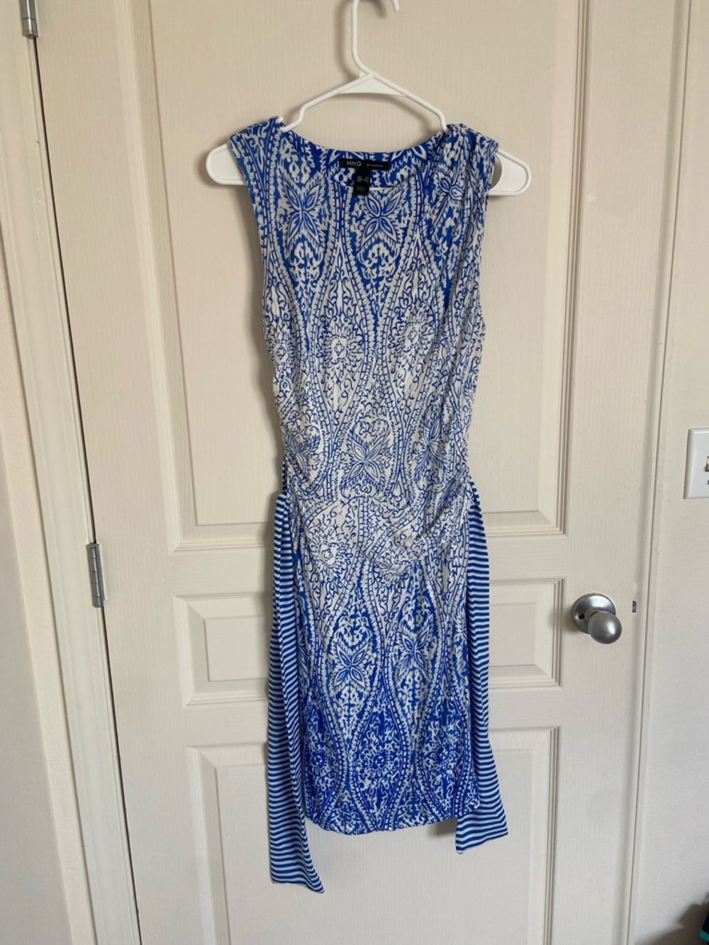 Mango Blue and White Printed Sleeveless Midi Dress